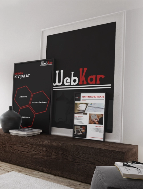 WebKar branding materials and digital marketing presentation displayed in a modern office environment